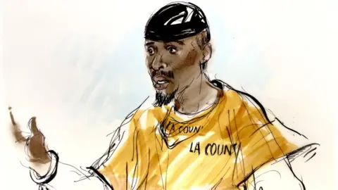 Mona Shafer Edwards Court sketch of Tory Lanez during sentencing on 8 August