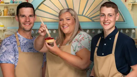 Channel 4 Bake Off 2020 finalists Dave, Laura and Peter