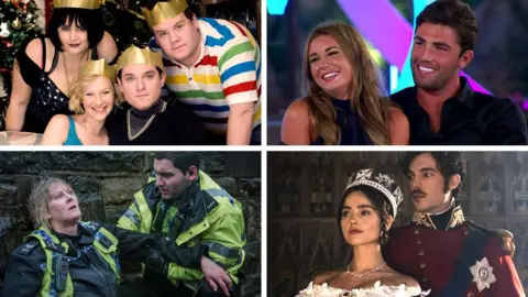 BBC/ITV Clockwise from top left: Gavin & Stacey, Love Island, Victoria and Happy Valley