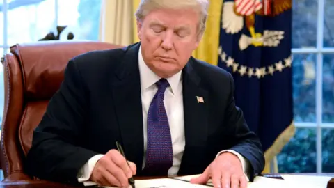 Getty Images President Trump signs a Section 201 action on trade tariffs