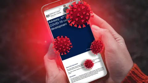 Getty Images A person reads the NCSC security advisory on a phone, while illustrations of coronavirus pepper the area around it