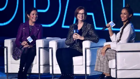 Getty Images Sophie Grégoire Trudeau, Australia ex-PM Julia Gillard and singer Leona Lewis at SSE Arena, Wembley on 4 March