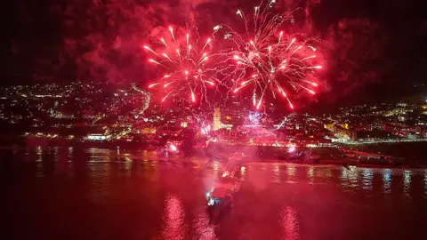 Aerial view of fireworks over Cromer Pier on New Year's Day 2023