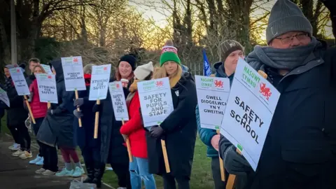 BBC teachers on a picket line holding signs about school safety