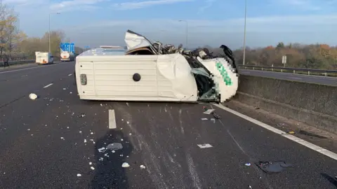 Highways England Van overturned on M1 northbound between junction 27, in Nottinghamshire, and junction 28 in Derbyshire