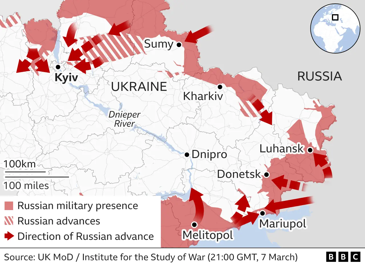 Map showing the Russian military advance into Ukraine from the east. Updated 8 March