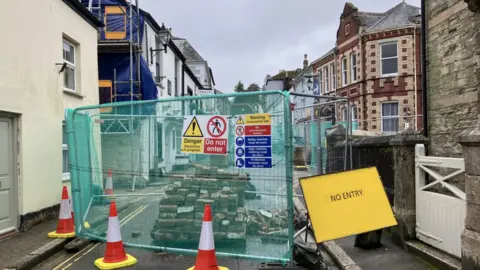 BBC The safety barriers in Lostwithiel