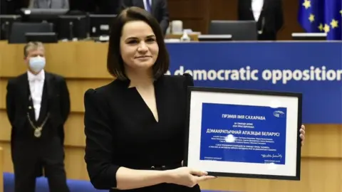 EPA Svetlana Tikhanovskaya accepts the Sakharov Prize in Brussels