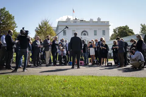 Getty Images Trump's chief of staff, Mark Meadows, briefs reporters