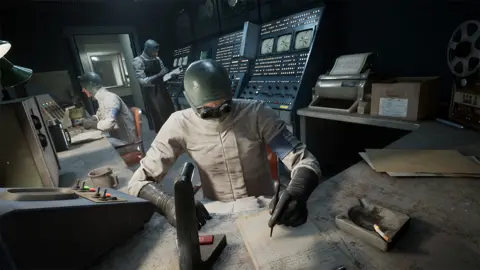 Red Barrels A man in white cover-alls sits at a desk furiously scribbling on a piece of paper. He's wearing safety goggles and a green head covering that sits tight on his head, like a swimming cap. In the background two colleagues, one sitting, one standing, wear the same uniform. The room looks like an old Soviet-era power station control room. There are various devices with rows of illuminated buttons, with a row of black and white screens on them. The room is mostly dark, with the desks illuminated by angle poise lamps. A heavy door with thick glass window appears to be the only exit. The mood is sinister, like the men are working on a nefarious experiment.