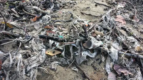 Wet wipes on the riverbed of the Thames at low tide