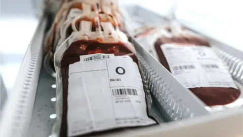 Getty Images packs of blood in a tray