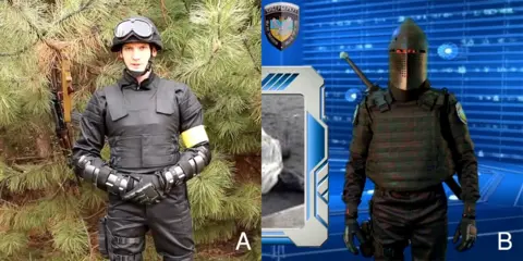 A picture of Dalyant Maximus and one of him in a "knight" uniform in videos released by the hacker group Cyberberkut