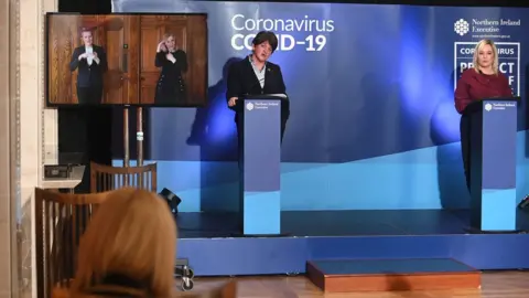 PACEMAKER Sign language interpreters Amanda Coogan and Kristina Sinclair have been seen at the Stormont briefings