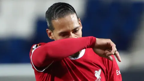 Liverpool's Virgil van Dijk reacts during their Europa League quarter-final second leg against Atalanta