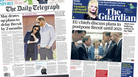 Daily Telegraph and Guardian front pages for 25/02/19