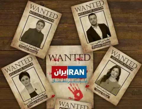 Wanted poster featuring Pouria Zeraati and Sima Sabet, along with other journalists