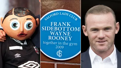 PA/Salford Lads Club/Getty plaque of Frank Sidebottom and footballer Wayne Rooney