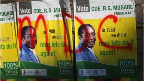 AFP Posters for President Robert Mugabe are covered with graffiti for the opposition Movement for Democratic Change in Harare, Zimbabwe - 27 June 2008