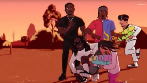 DONALD GLOVER/YOUTUBE Cartoon versions of Meek Mill, Pusha T and Lil Wayne getting sprayed with water by Slim Jxmmi and Swae Lee