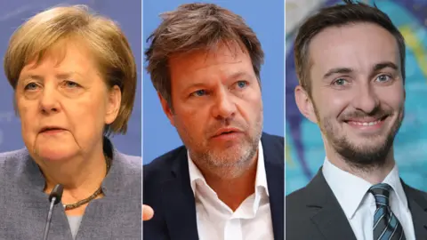 Getty/Reuters Angela Merkel, Greens leader Robert Habeck and TV satirist Jan Böhmermann have all been targeted by the hack