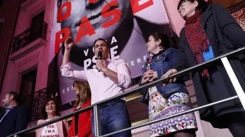 Getty Images Prime Minister Pedro Sanchez addresses supporters outside PSOE headquarters in Madrid on April 28, 2019