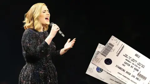Getty Images / BBC Composite image of Adele onstage with tickets for the first night of her world tour