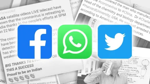 BBC Stack of screenshots with Facebook, WhatsApp and Twitter logos on top