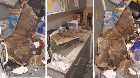 Cherokee Pilkington Composite image showing parts of Ms Pilkington's ceiling lying on her worktop and floors