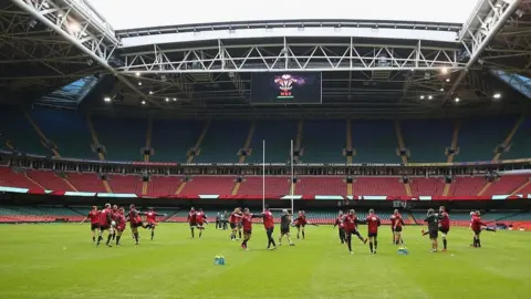 Getty Images The roof open at the Principaltiy Stadium as England warm up in 2015