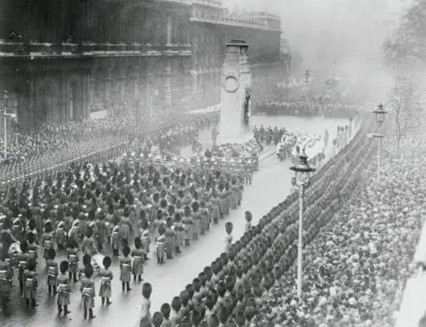 Bettmann Photo shows a general view of the ceremonies which took place on Armistice Day morning at the London Cenotaph, in Whitehall. 1925