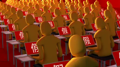 BBC Graphic of anonymous people at computers with a Chinese character on all their screens