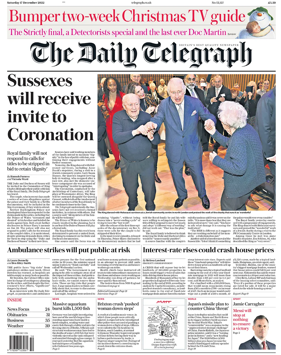 The Daily Telegraph Front Page 16/12