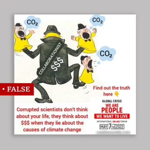 Twitter Cartoon of a suspicious man with the label "collaborationist" on his back holding puppets mouthing "CO2".