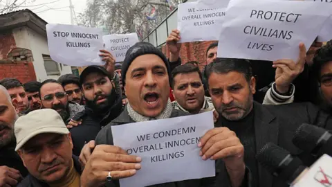 Getty Images Leaders and workers of Jammu and Kashmir's Apni Party during a protest on December 23, 2023 in Srinagar