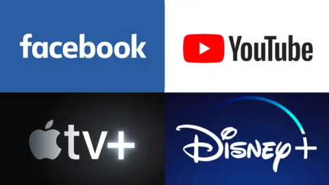 BBC Facebook, YouTube, Apple TV+ and Disney+ logo