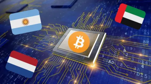 Getty Images Bitcoin logo with flags of UAE, Netherlands and Argentina