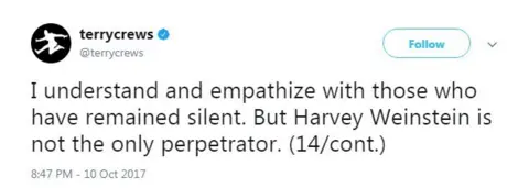 Twitter "I understand and empathize with those who have remained silent. But Harvey Weinstein is not the only perpetrator. (14/cont.)"