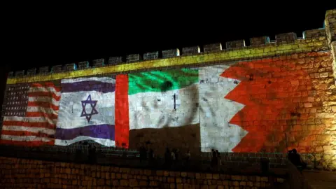 Reuters The US, Israeli, UAE and Bahraini flags are projected on to the walls of Jerusalem's Old City on 15 September 2020