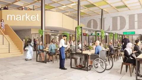 Oldham Council Computer generated image of lower level of new market leading up to retail market above