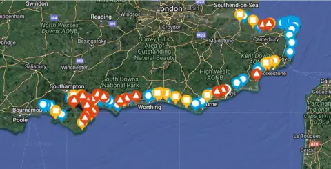 Southern Water Screengrab of Southern Water Beachbuoy page showing sewage releases on 8.11.22