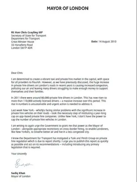 Mayor of london Letter to Chris Grayling