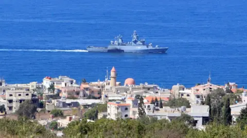 Reuters A United Nations Interim Force in Lebanon (UNIFIL) naval ship is pictured in the Mediterranean Sea off the southern Lebanese town of Naqoura (14 October 2020)