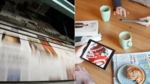 Getty Images A printing press and a couple using tablet devices at the kitchen table