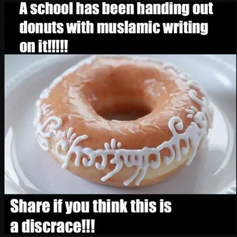 MORDOR FIRST/FACEBOOK A doughnut with script from Lord of the Rings, but captioned with a note about 'muslamic writing'