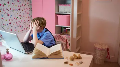 Getty Images Sad child at a computer