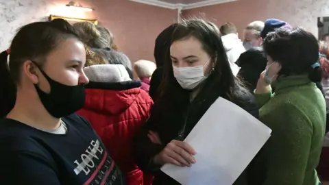 TASS/Getty Evacuees from Donetsk in Rostov-on-Don, Russia, 18 February