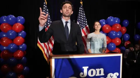 Getty Images Democratic candidate Jon Ossoff delivers a concession speech on election night.