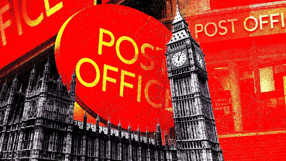 BBC Graphic showing the Post Office logo and Westminster