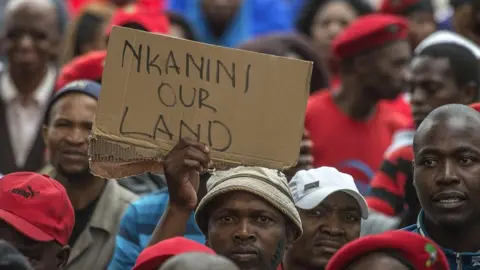 AFP South African opposition protest in 2016 with someone holding up a sign reading "Nkanini our land".